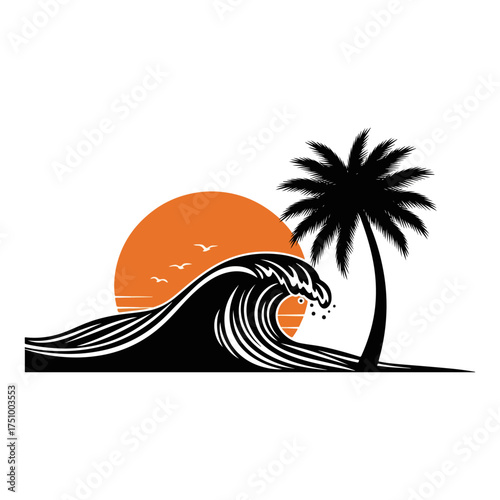 Tropical coconut tree and beach resort logo design for summer-themed branding