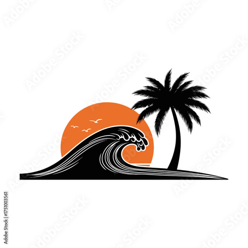 Tropical coconut tree and beach resort logo design for summer-themed branding