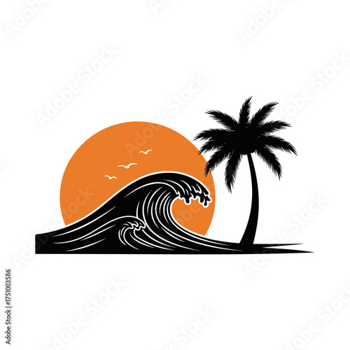 Tropical coconut tree and beach resort logo design for summer-themed branding
