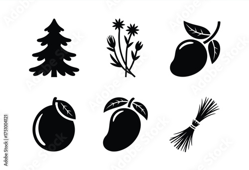 Scalable vector graphics collection featuring mangoes pine tree wildflowers and wheat bundle for diverse applications silhouette vector illustration white background