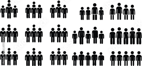 People icons. Human silhouettes representing groups, teams, and families, organizational networks for business and employee infographics, and social demographics charts. Isolated vector set