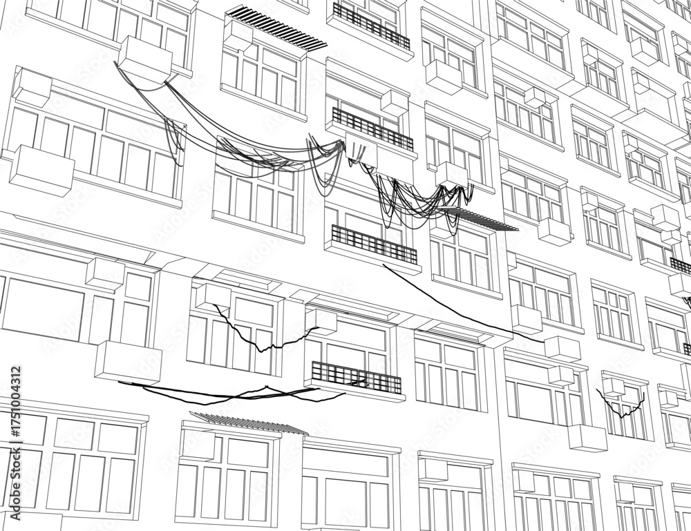 Fototapeta premium A black and white drawing of a building facade featuring numerous windows and balconies, with some wires in the foreground.