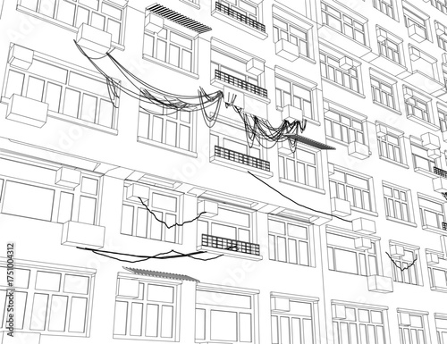 A black and white drawing of a building facade featuring numerous windows and balconies, with some wires in the foreground.