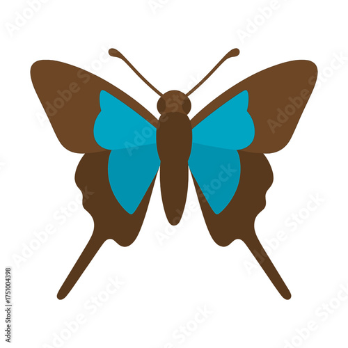 Brown and blue butterfly with stylized wings on white background