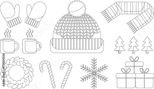 Winter Coloring Page Mittens, Hat, Scarf, Hot Drinks, Christmas Decorations, Presents, Trees, Candy Canes, Snowflake