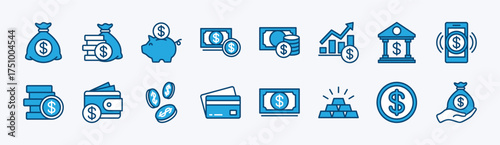 Set of money icon. Contains dollar, money bag, bank, coin, savings, billfold, earnings, cash, investment, atm, wallet, digital finance, gold, growth, budget, baby pig, accounting. Vector illustration