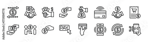 Financial transaction icon set. Pay, payment method, banking, cash, credit card, refund, scan barcode, digital mobile currency, exchange, purchase, tax receipt, transfer, loan. Vector illustration