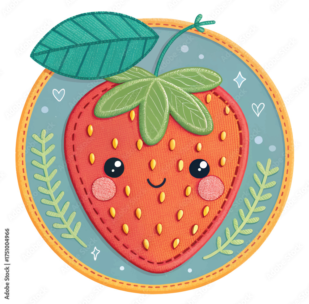Obraz premium Adorable strawberry character with kawaii eyes, perfect for kids designs or summer promotions, cheerful and bright, ideal for children's books and party invites