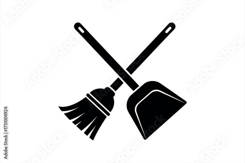Black icon of a broom and dustpan crossed on a white background cleaning sweeping