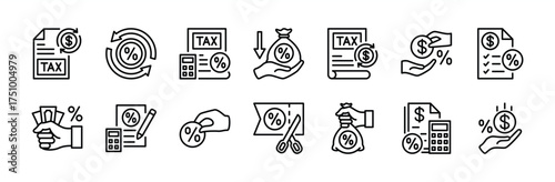Tax, taxes and accounting thin line icon set. Finance, return, income, form, bank payment, document, calculating machine, discount, invoice, checklist, report, bill, submission - vector illustration