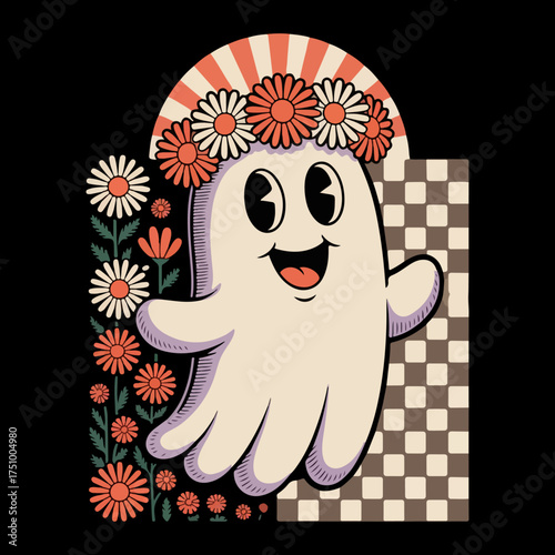 design features a cartoon ghost with a surprised expression, wearing a floral crown. 