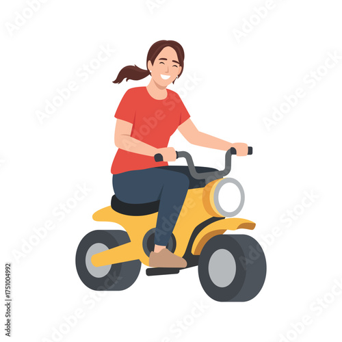 Woman Riding Mini Motorbike. Flat vector illustration isolated on white background