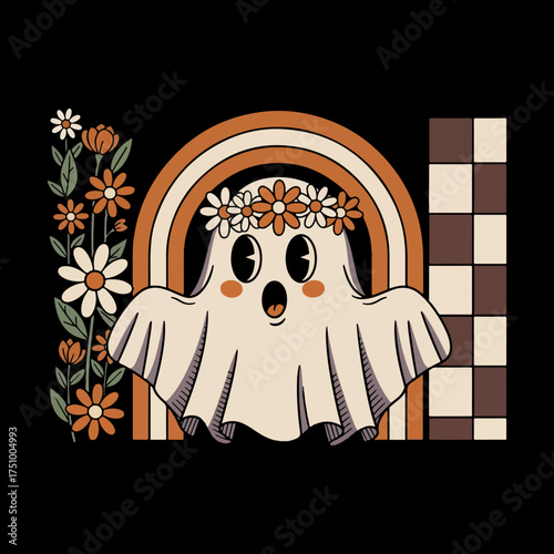 design features a cartoon ghost with a surprised expression, wearing a floral crown. 