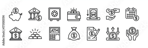 Deposit thin line icon set. Contains money management, earnings, savings, banking, safe, atm machine, wallet, piggy bank, investment, loan, contract, calendar, gold, deadline. Vector illustration