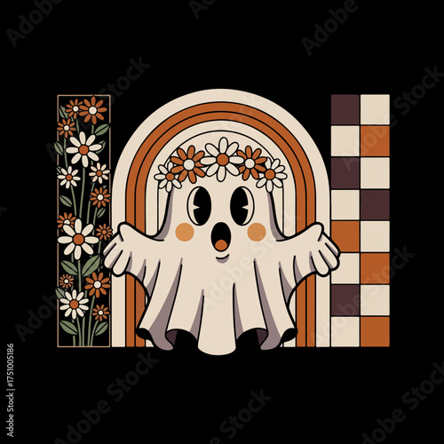 design features a cartoon ghost with a surprised expression, wearing a floral crown. 