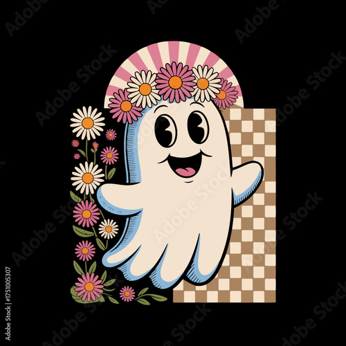 design features a cartoon ghost with a surprised expression, wearing a floral crown. 