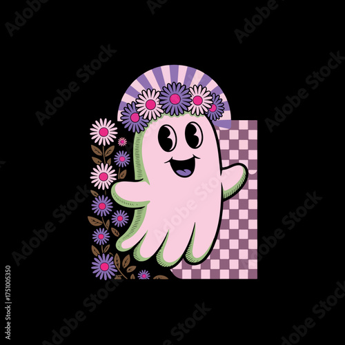 design features a cartoon ghost with a surprised expression, wearing a floral crown. 