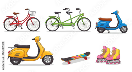 Colorful Personal Urban Transport Collection: Bicycles Scooters Skateboard Roller Skates.