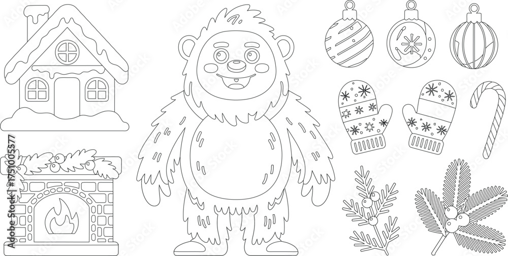Fototapeta premium Yeti, Gingerbread House, Christmas Ornaments and More An Outlined Festive Coloring Page for Winter Fun
