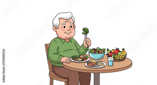 Illustration of a senior man enjoying a healthy meal with fruits and vegetables showing a