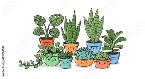 Cute Cartoon Potted Houseplants with Smiling Faces Illustration.