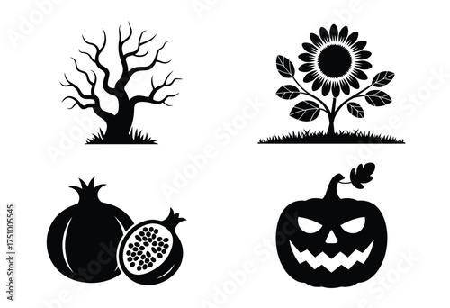 Set of 4 black silhouette vector illustrations spooky tree sunflower pomegranate and pumpkin icons scalable eps silhouette vector illustration white background