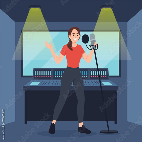 Woman recording vocals in a professional music studio with microphone and sound mixer. Flat vector illustration isolated on white background