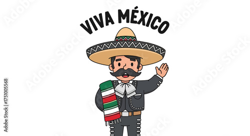 Festive mexican culture illustration of mariachi man with waving hand and sombrero