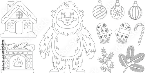 Yeti, Gingerbread House, Christmas Ornaments and More An Outlined Festive Coloring Page for Winter Fun