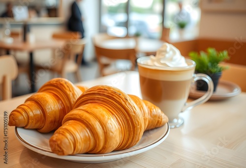 Close-up shot of two golden croissants on a plate next to a coffee drink with whipped cream.