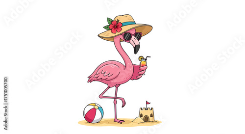 Relaxed flamingo enjoying vacation with beach accessories and refreshing beverage feeling good