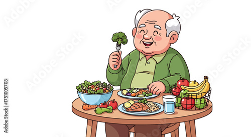 Senior man joyfully enjoying a healthy and nutritious meal filled with fresh fruits and vegetables