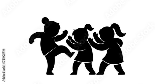 Silhouette illustration of three young girls playfully interacting in dynamic poses joyfulness