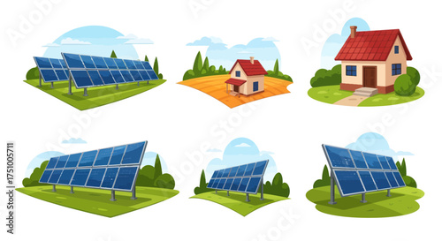 Solar Panels and Houses in Nature: Sustainable Energy and Residential Scenes.