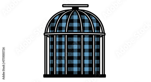 Stylized birdcage illustration featuring a blue and black plaid pattern motif within its structure
