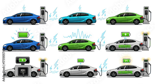 A collection of colorful electric cars at charging stations with battery level indicators.