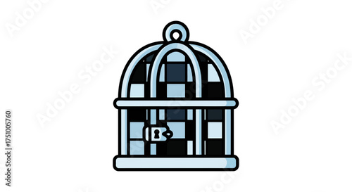 Stylized icon of a locked birdcage against a white background, symbolizing confinement or captivity