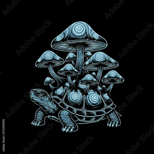  a black and white illustration of a turtle with a cluster of mushrooms growing on its shell. This type of imagery is often used in tattoos, apparel, and as phone wallpapers