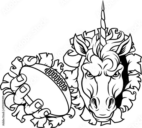 Unicorn horse stallion American football angry sports team mascot holding a ball.