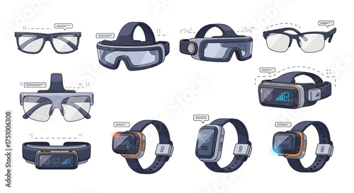 Collection of Wearable Technology: Smartwatches and Virtual Reality Headsets.