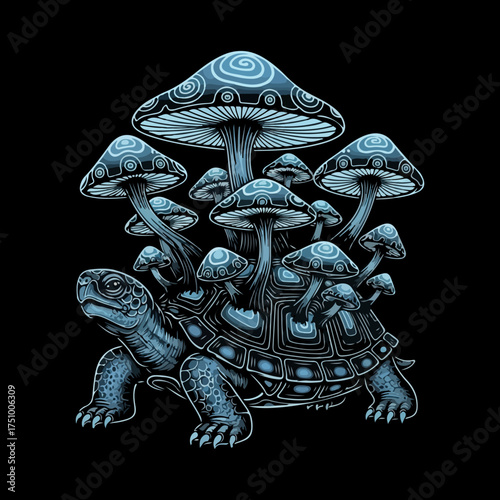  a black and white illustration of a turtle with a cluster of mushrooms growing on its shell. This type of imagery is often used in tattoos, apparel, and as phone wallpapers