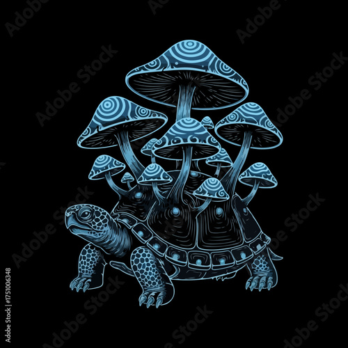  a black and white illustration of a turtle with a cluster of mushrooms growing on its shell. This type of imagery is often used in tattoos, apparel, and as phone wallpapers