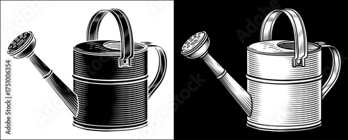 Vintage woodcut style illustration of a gardening watering can garden spade tool