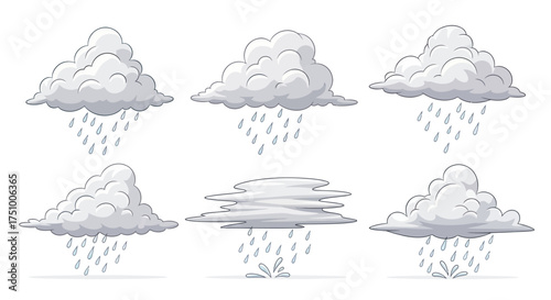 A collection of six different hand-drawn cartoon rain clouds in various shapes.