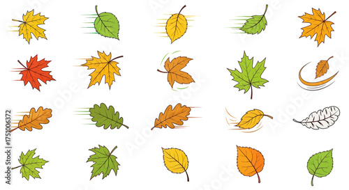 Collection of stylized autumn leaves in various colors and motion effects.