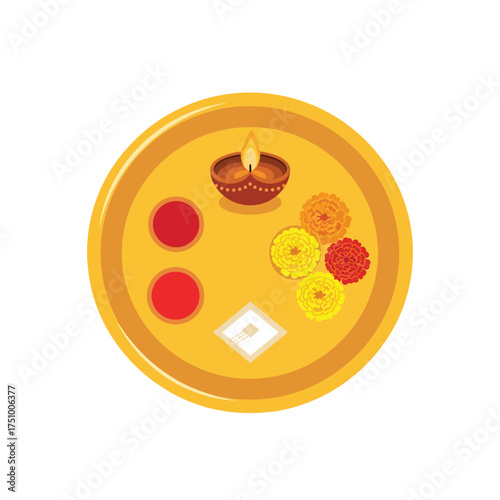 Traditional Indian Diwali Deepavali festival puja thali with lit oil lamp, marigold flowers, and kumkum for religious celebration.