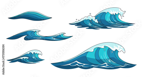 Cartoon Ocean Waves Set with Foamy Crests and Dynamic Shapes.