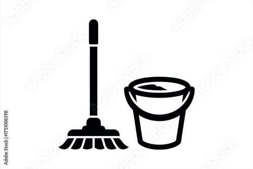 Black silhouette of a mop and a bucket filled with liquid on a white background cleaning housework