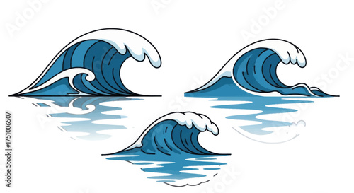 Three stylized blue ocean waves with white crests and reflections.