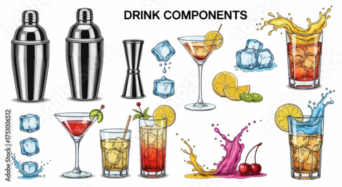 Assortment of Cocktail Components and Drinks with Ice and Garnishes.